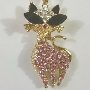 Cat pink rhinestone necklace 28-30 inches gold tone